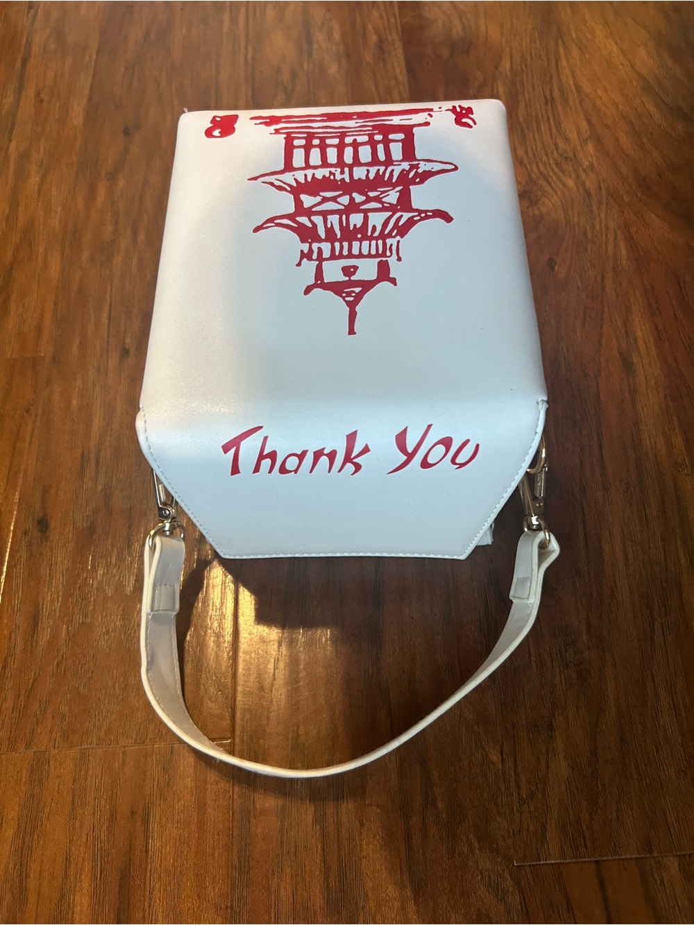 Take Out Box Pursue White Tote Bag with Red Pagoda Design - Picture 2 of 6